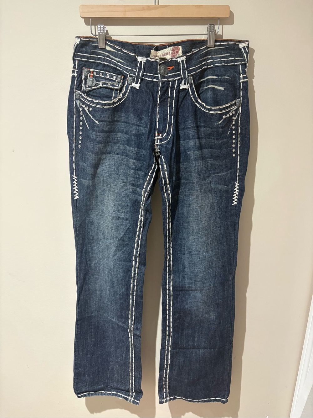 Rock Revival Men's Dark Blue Jeans with White Stitching